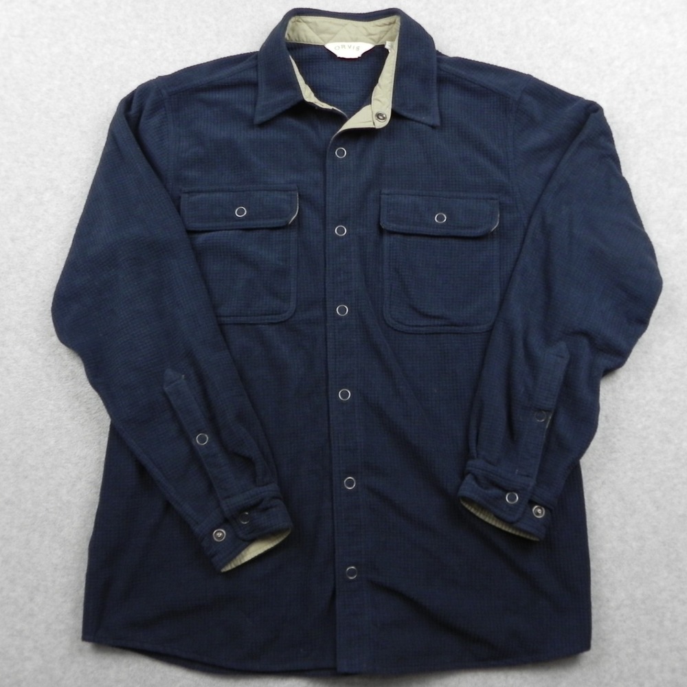 Orvis Flannel Shirt Mens Large Utility Flap Pocket Button Up Blue Long Sleeve